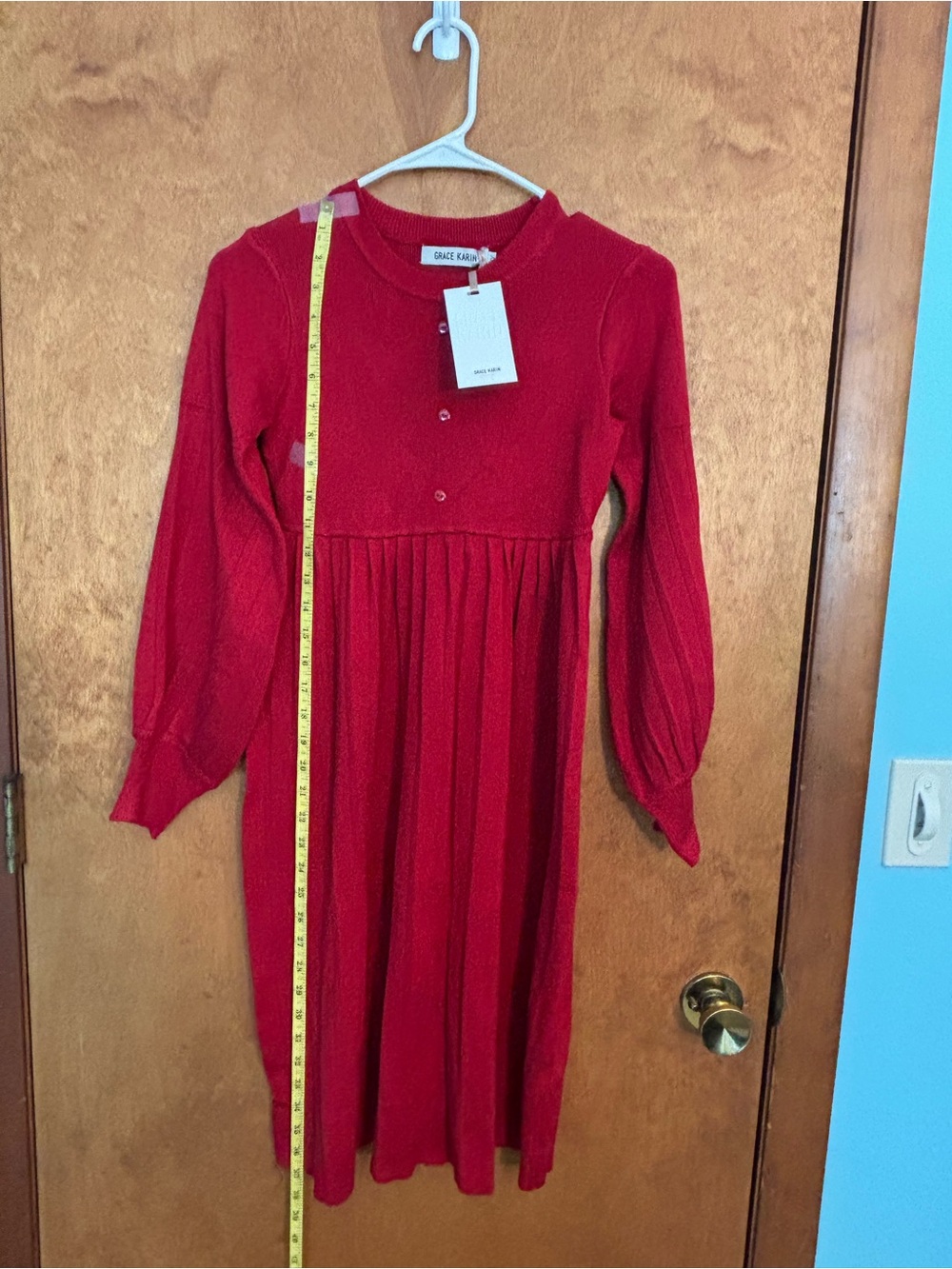Grace Karin Red Long Sleeve Knit Girls Dress with Gathered Skirt